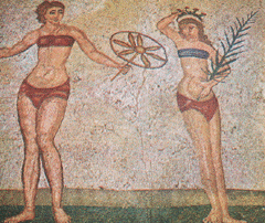 [ilustração: Raparigas atletas. Mosaico da villa do Imperador Maximiliano na Sicília.
]