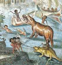 [ilustração: Pigmeus africanos caçando crocodilos e hipopótamo. Fresco. Pompeia.
]