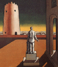 [ilustração: De Chirico (1988-1978). «Plaza de Italia com torre vermelha». 1943. Col. part. Roma.
]