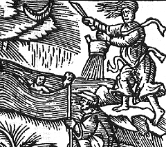 [ilustração: Tempestade produzida por encantamento da feiticeira do tempo. Olaus Magnus, “Históra”, 1555.
]