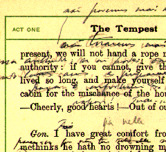 [ilustração: «The Tempest». Shakespeare. Anotações de Pessoa para tradução.
]