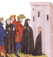 [ilustração: Templários levados em prisão. Miniatura in Chroniques de France, sec. XIV. The British Library, Londres.
]