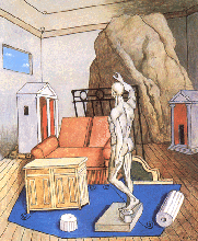 [ilustração: De Chirico (1988-1978). «Móveis e rochas numa casa». 1973. Col. part. Roma.
]