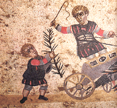 [ilustração: Cerimónia da vitória celebrada por crianças. Mosaico romano (pormenor).
]