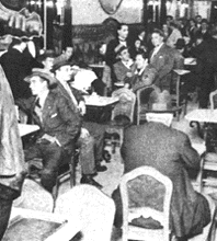[ilustração: Café Nicola no dia da inauguração, 2 de Outubro de 1929.]