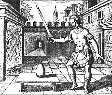 [ilustração: Decomposição do “ovo filosofal” da matéria primordial com fogo e espada. M. Maier, Atalanta, 1618.
]