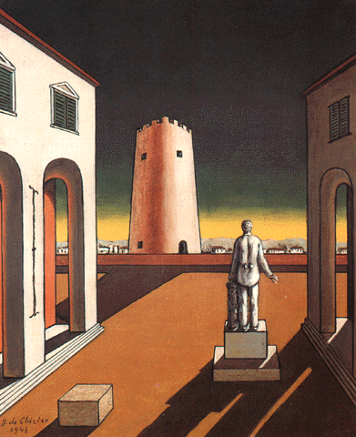 De Chirico (1988-1978). «Plaza de Italia com torre vermelha». 1943. Col. part. Roma.
