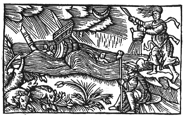 Tempestade produzida por encantamento da feiticeira do tempo. Olaus Magnus, “Históra”, 1555.
