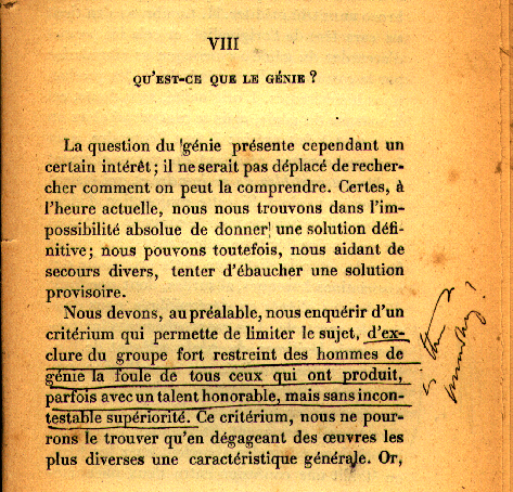 Sublinhados de Pessoa:«Le génie et les théories de M. Lombroso». Étienne Rabaud. 1908.

