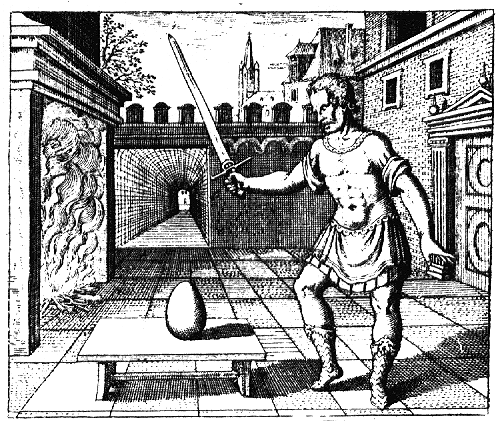 Decomposição do “ovo filosofal” da matéria primordial com fogo e espada. M. Maier, Atalanta, 1618.
